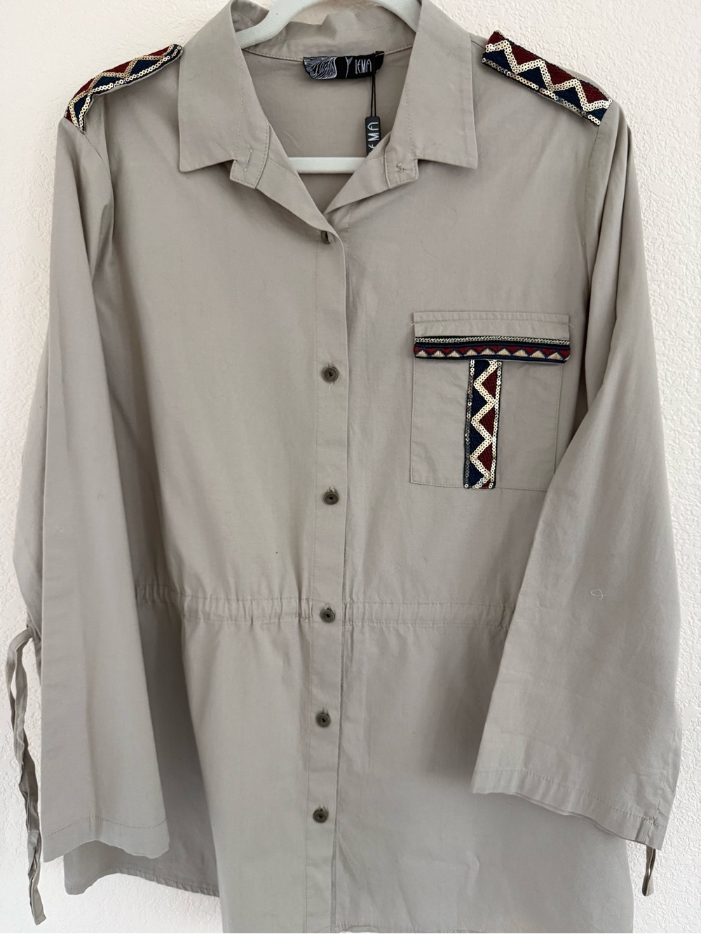 Light Taupe Utility Shirt with Embroidered Trim